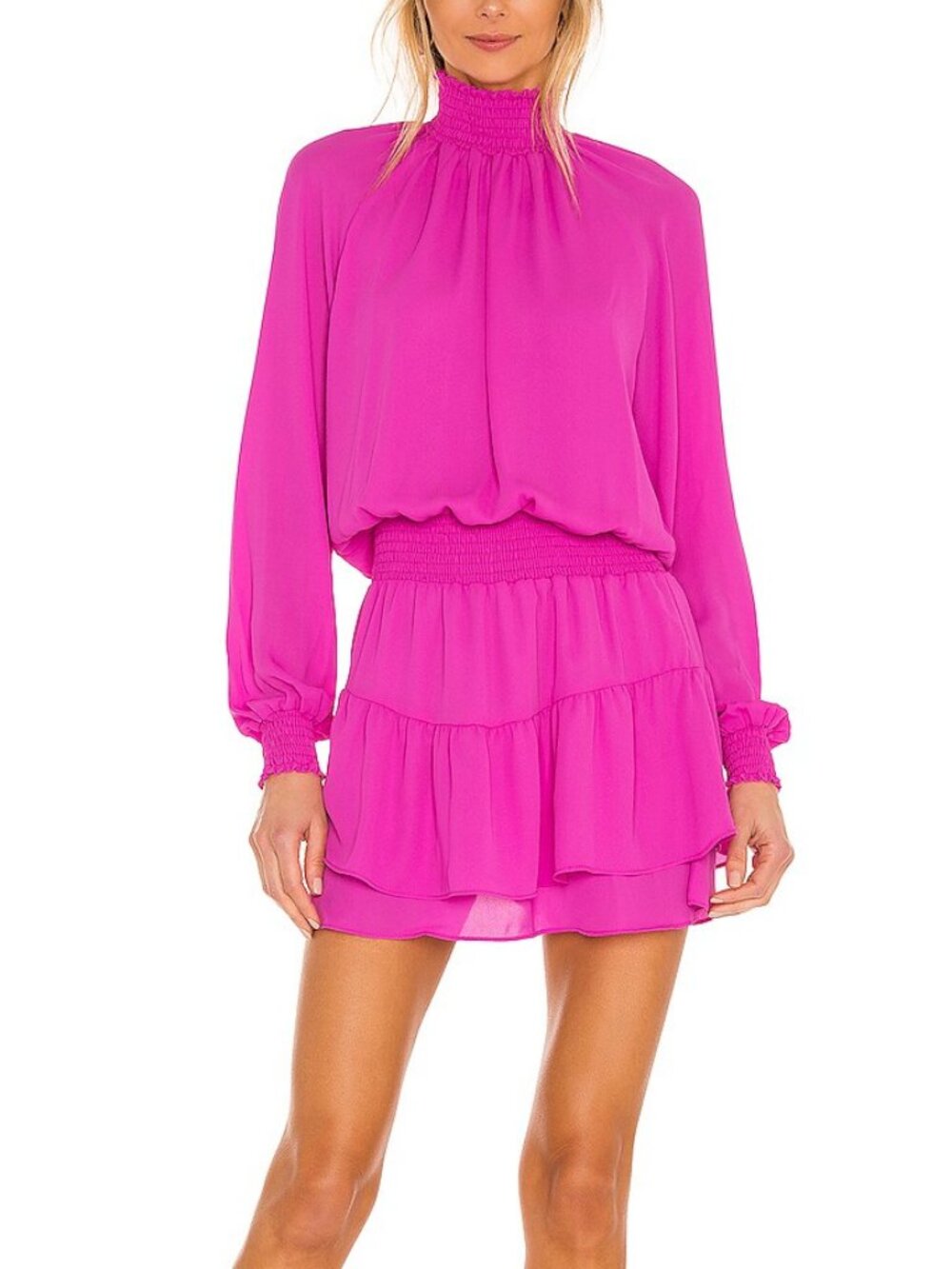 Krisa Turtleneck Ruffle Skirt Dress featuring a smocked high neck and waist